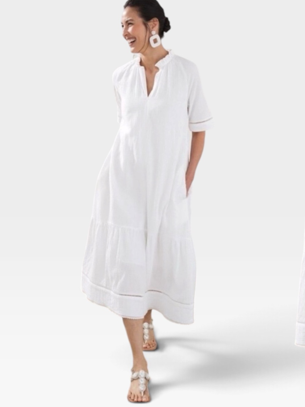 Chico's Tiered Maxi Dress White Double Gauze Cotton Relaxed Pop Over ResortWear